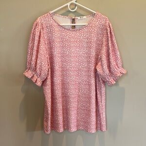 Zeagoo Pink and White Puff Sleeve Ruffled Blouse